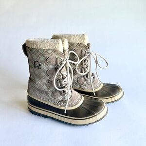 Sorel Beige Brown Waterproof Leather Rubber Polyester Lining Midcalf Boots sz 8